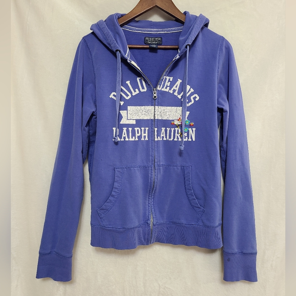 Vintage Polo Jeans Co Women's Blue Hoodie With Embroidered Flowers Size L